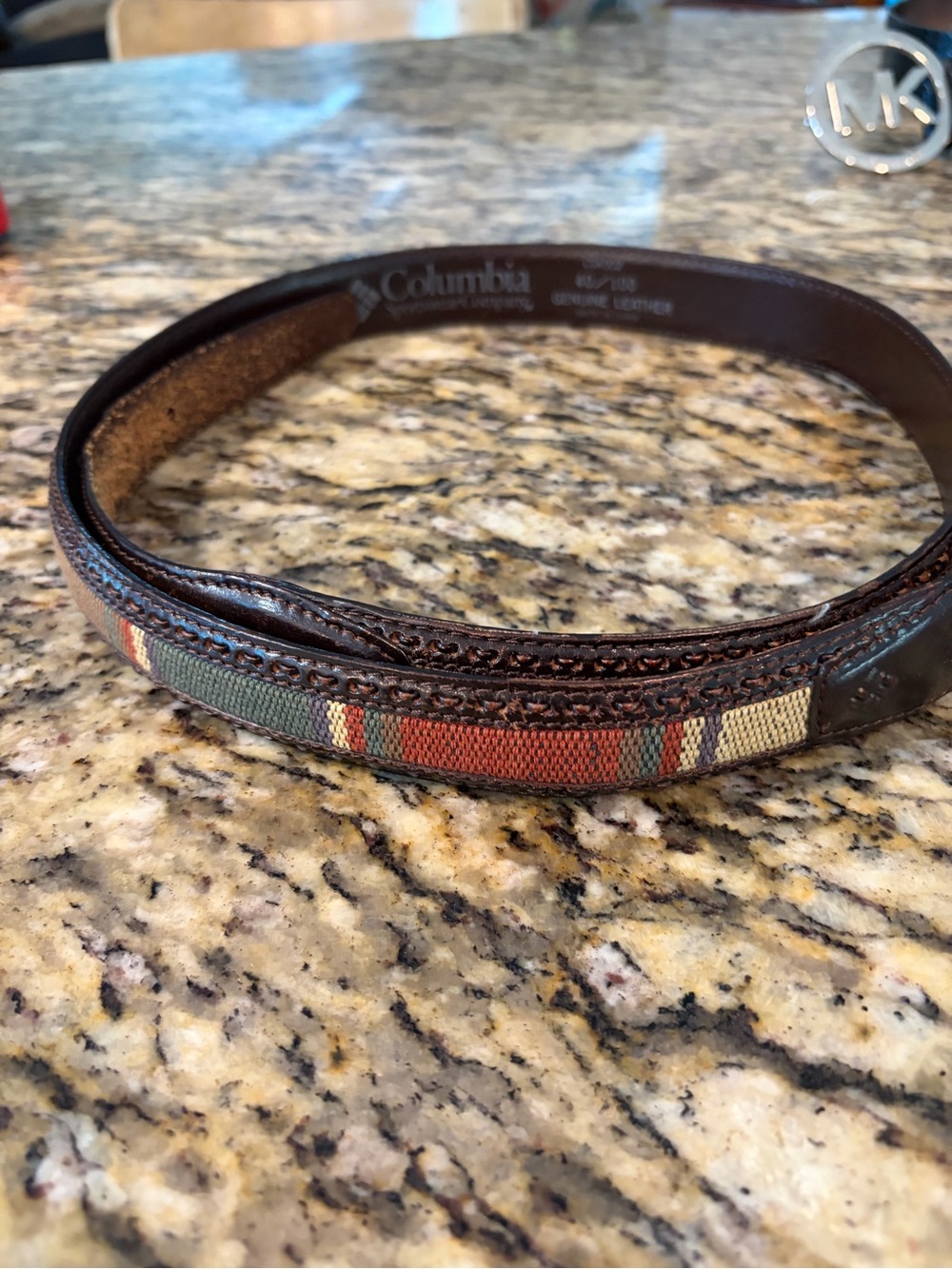 Columbia Brown Leather Belt with Green, Red and Cream Woven Inlay